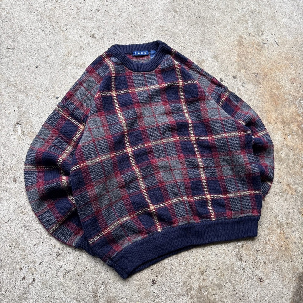 Vintage Izod Plaid Sweater Mens Large Blue Red Grey Cotton Knit Crewneck